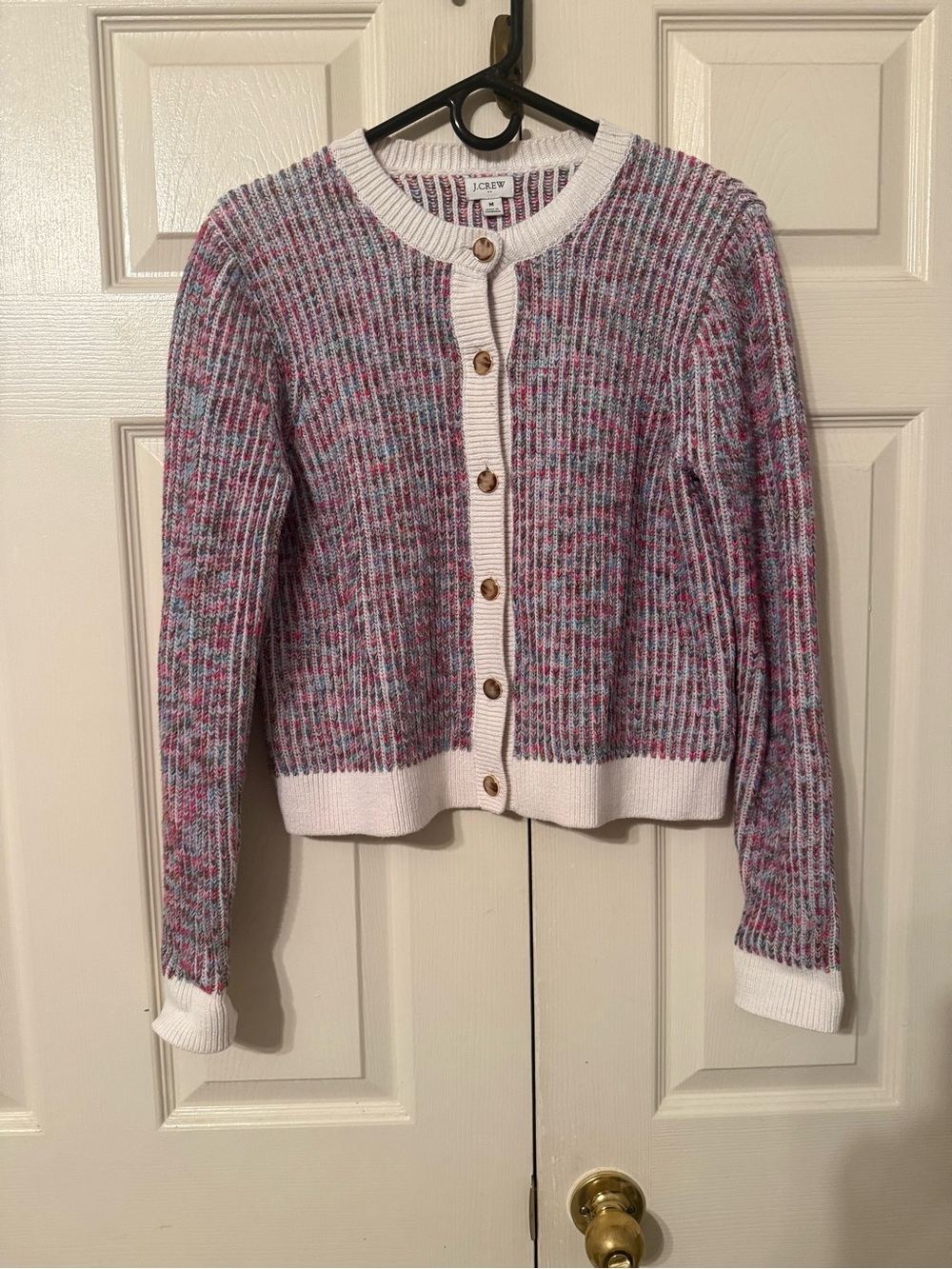 J. Crew Pink and Gray Marled Ribbed Button Cardigan